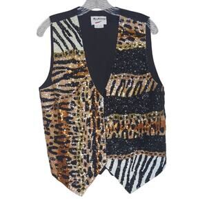 Vintage Fashion Fantasy animal print shiney sequined tie back vest sz Medium